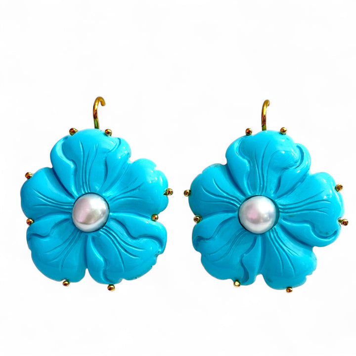 End of collection - Turquoise paste and pearl flower earrings mounted on silver 