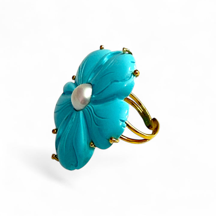 End of collection - Turquoise paste flower ring mounted on silver 