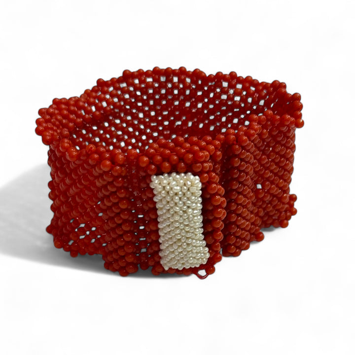 Real coral and micro pearl slave bracelet in fabric