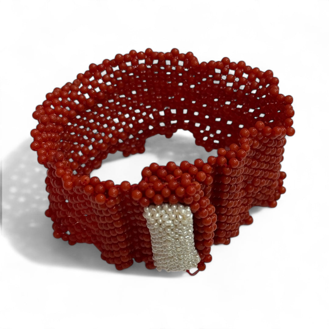 Real coral and micro pearl slave bracelet in fabric