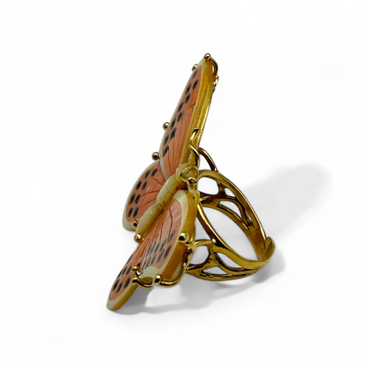 Butterfly ring in mother-of-pearl and coral mounted on silver