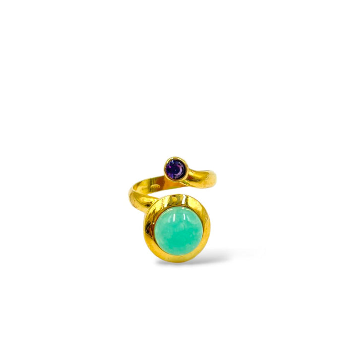 END OF COLLECTION - Green quartz and amethyst ring mounted on silver