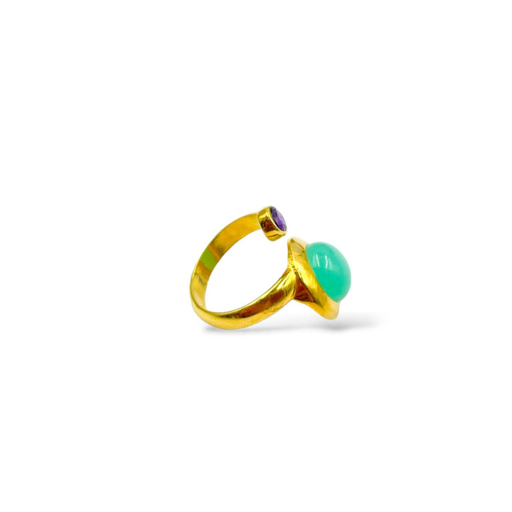 END OF COLLECTION - Green quartz and amethyst ring mounted on silver