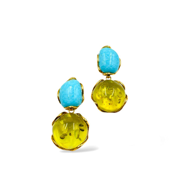Amber and turquoise pendant earrings mounted on silver