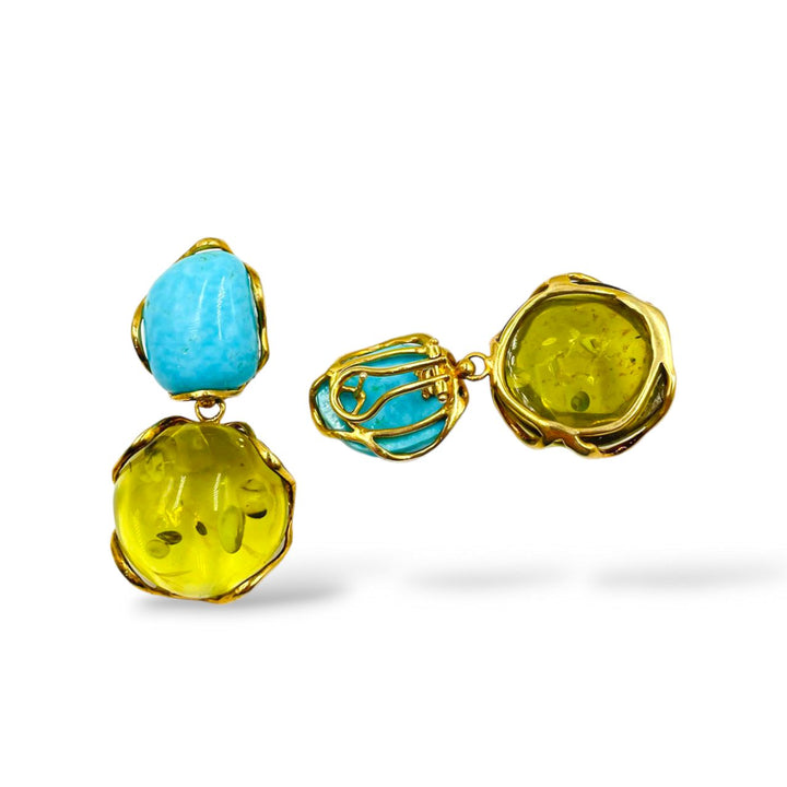 Amber and turquoise pendant earrings mounted on silver