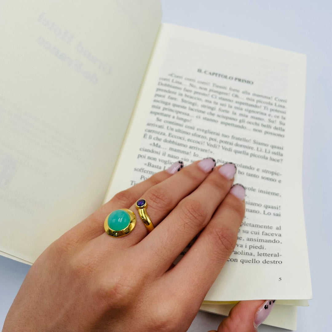 END OF COLLECTION - Green quartz and amethyst ring mounted on silver