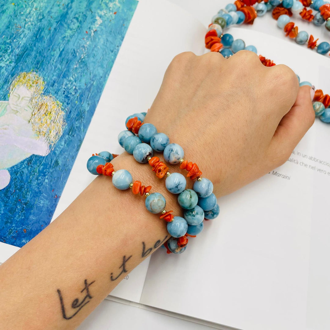 Bracelet spheres in larimar and coral mounted on silver