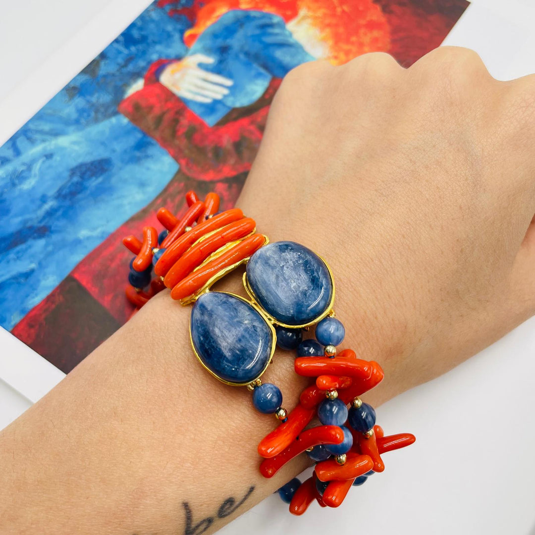 Decomposed bracelet in coral and kyanite mounted on silver