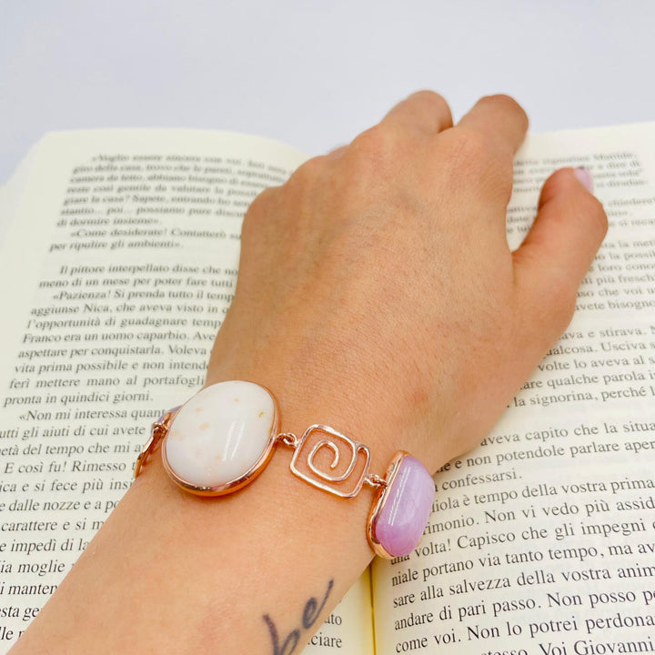 Bracciale quadrato in corallo e kunzite montato su argento