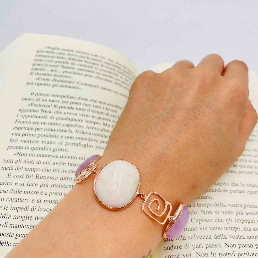 Bracciale quadrato in corallo e kunzite montato su argento