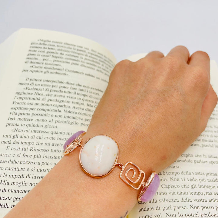Bracciale quadrato in corallo e kunzite montato su argento