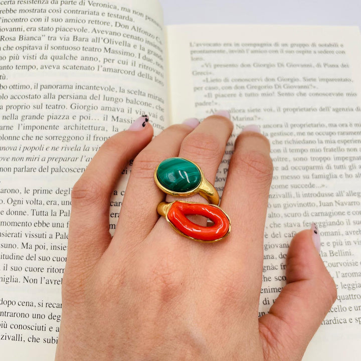 END OF COLLECTION - Red coral and malachite ring mounted on silver 