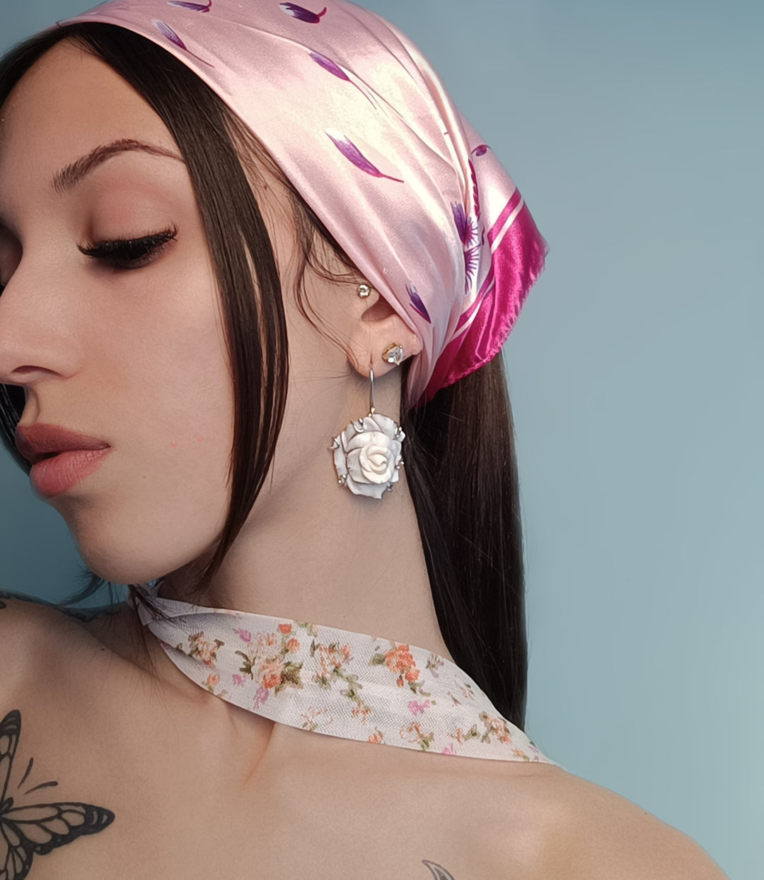 Cameo rose flower earrings mounted on silver