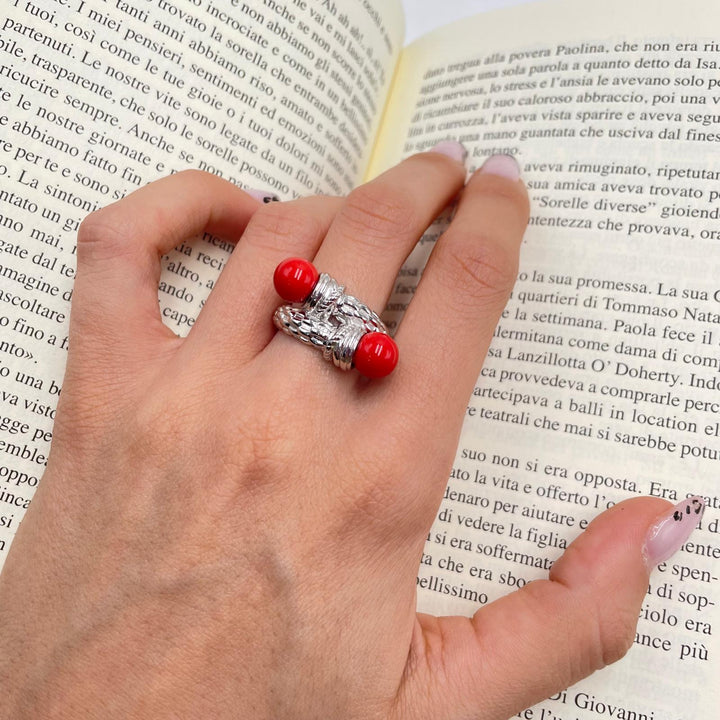 Red coral paste ring mounted on silver 