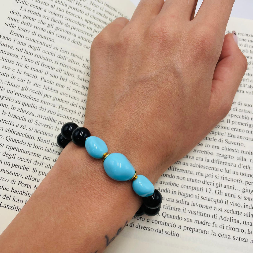 END OF COLLECTION - Turquoise paste and black agate bracelet mounted on silver