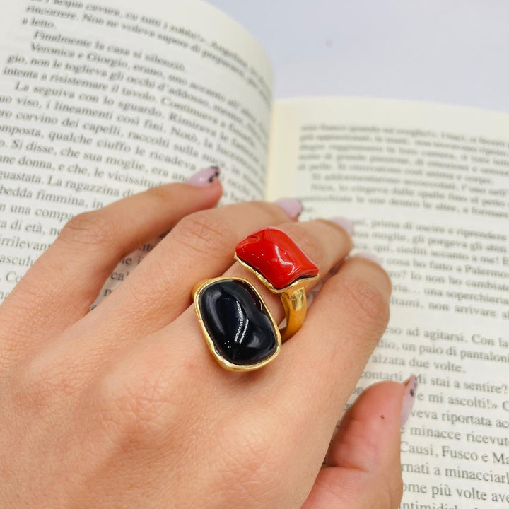 END OF COLLECTION - Red coral and black onyx ring mounted on silver