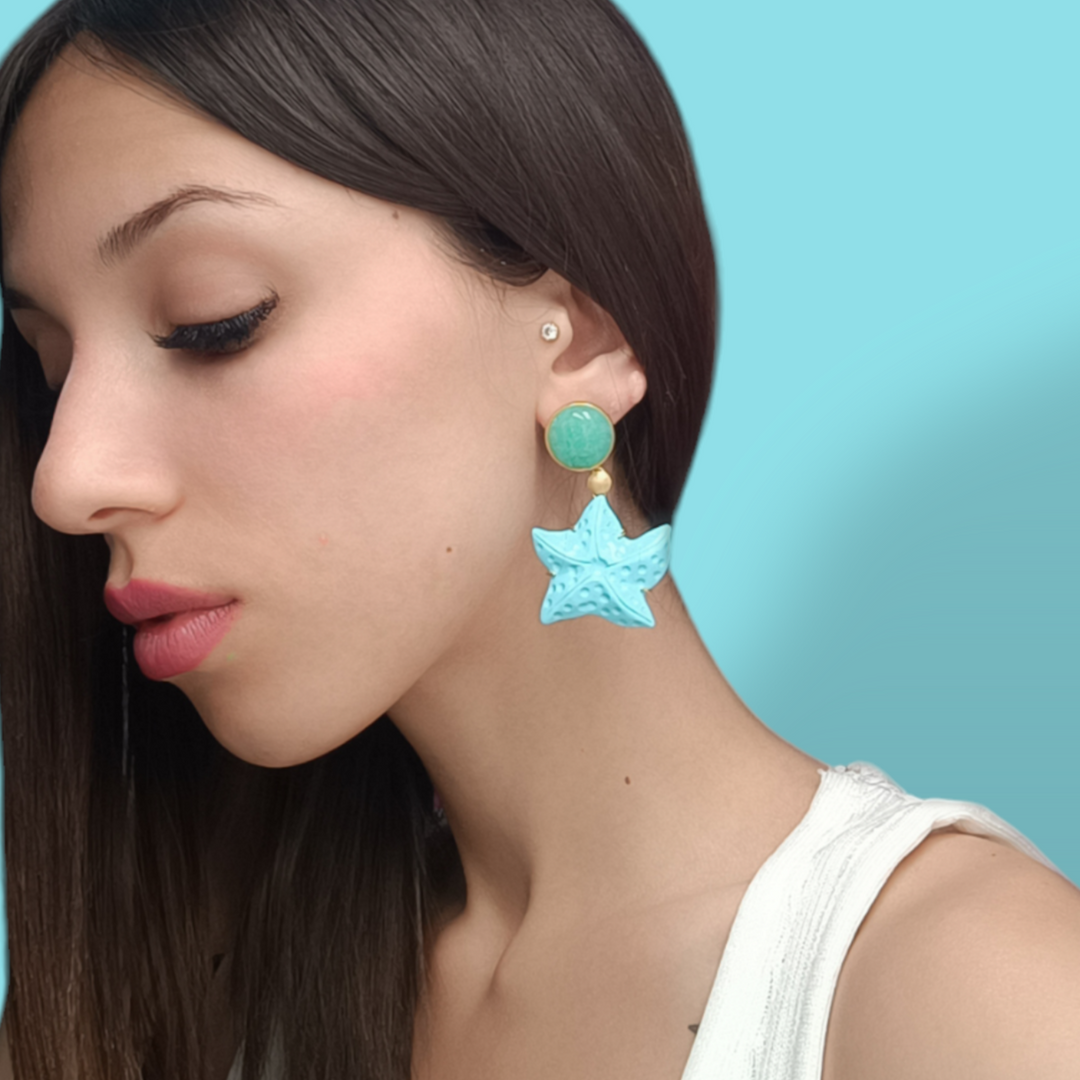 END OF COLLECTION - Starfish earrings in turquoise paste mounted on silver