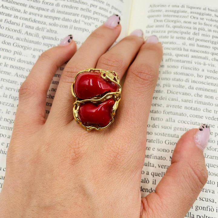 Pink coral stone ring mounted on silver