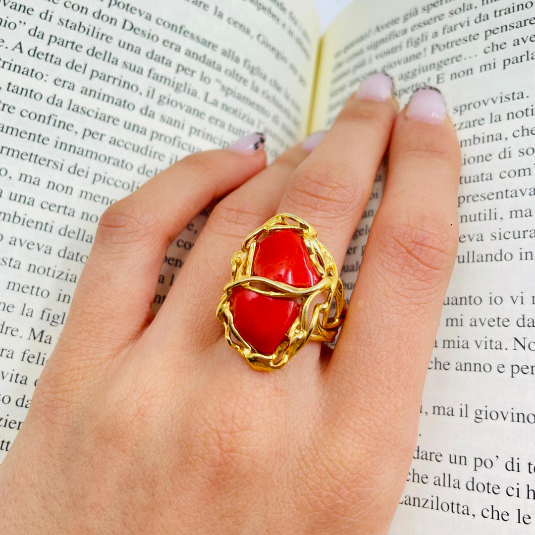 Ring with two coral stones mounted on silver