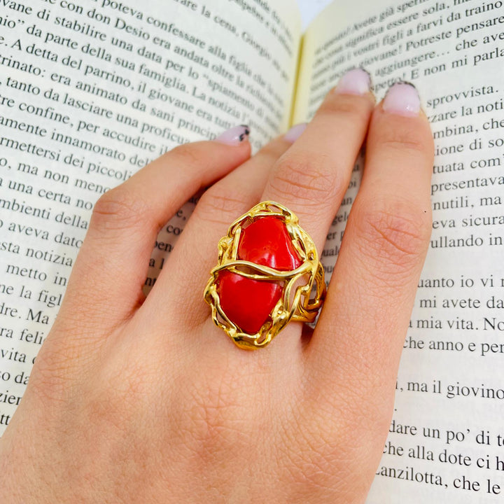 Ring with two coral stones mounted on silver