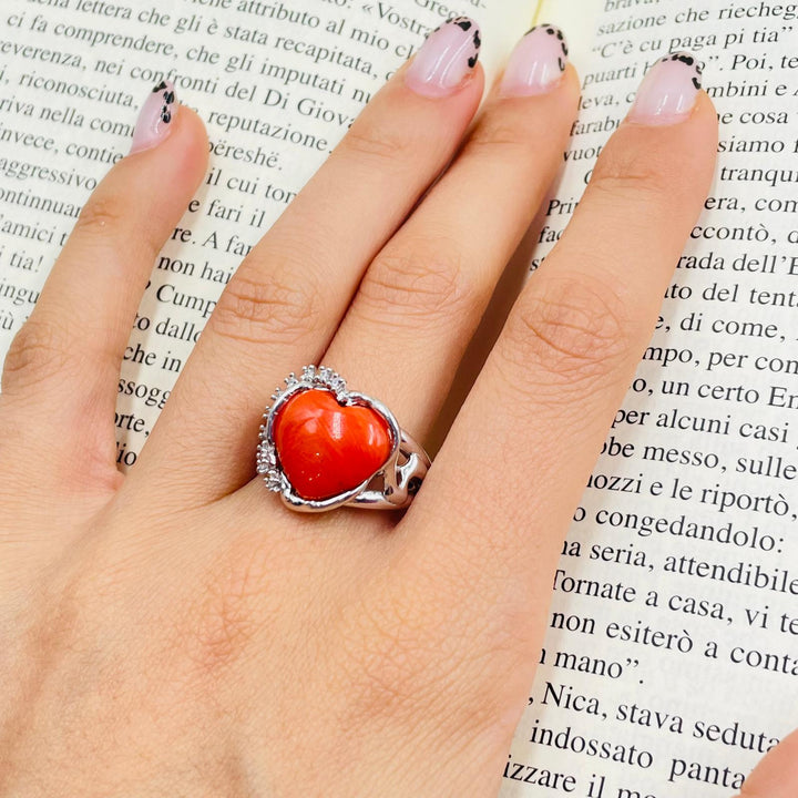 Red coral ring mounted on silver