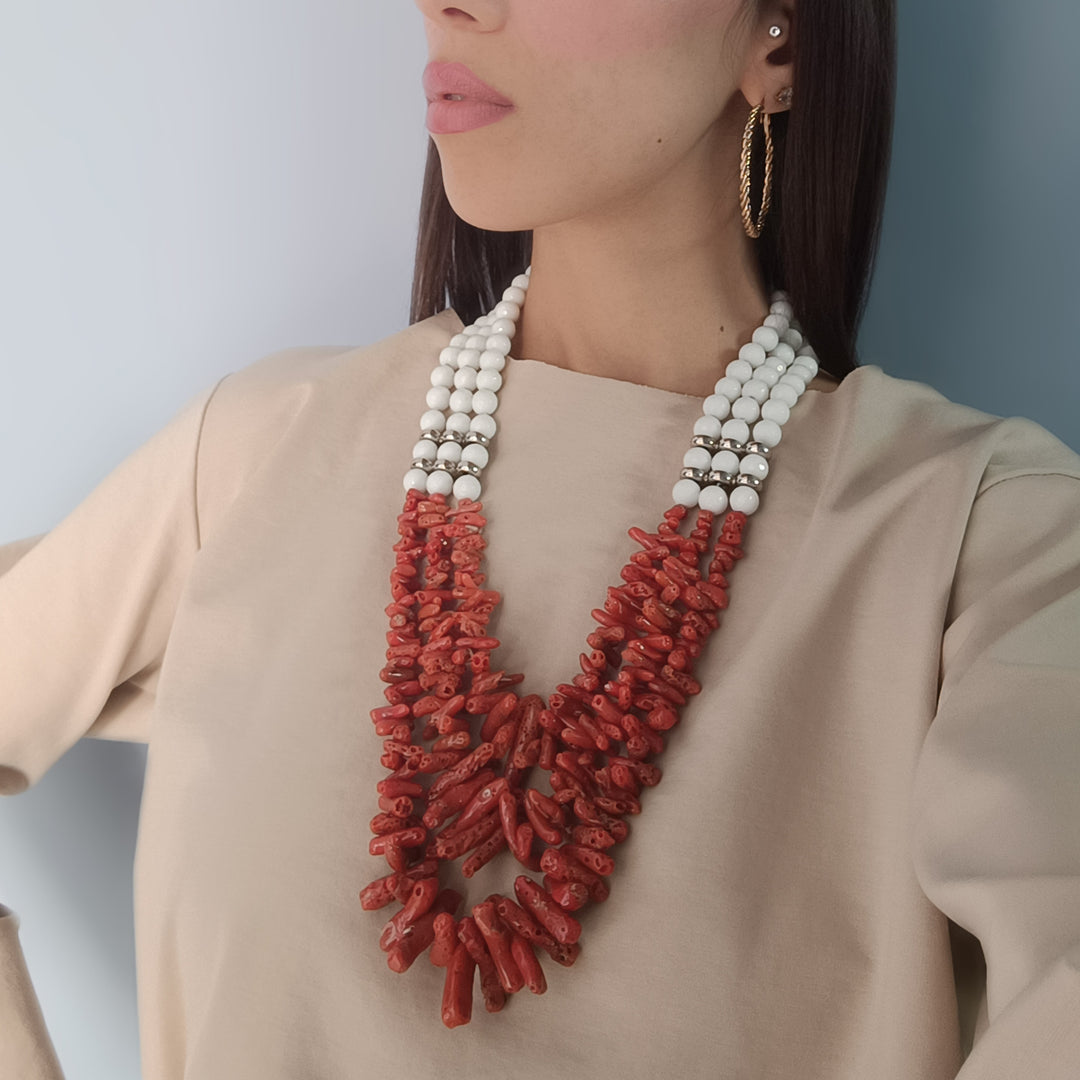 Collana rami in corallo montato su agata e argento