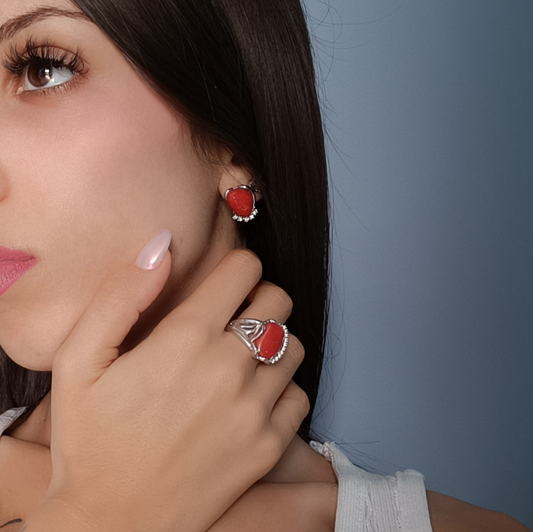 Red coral stone ring mounted on silver