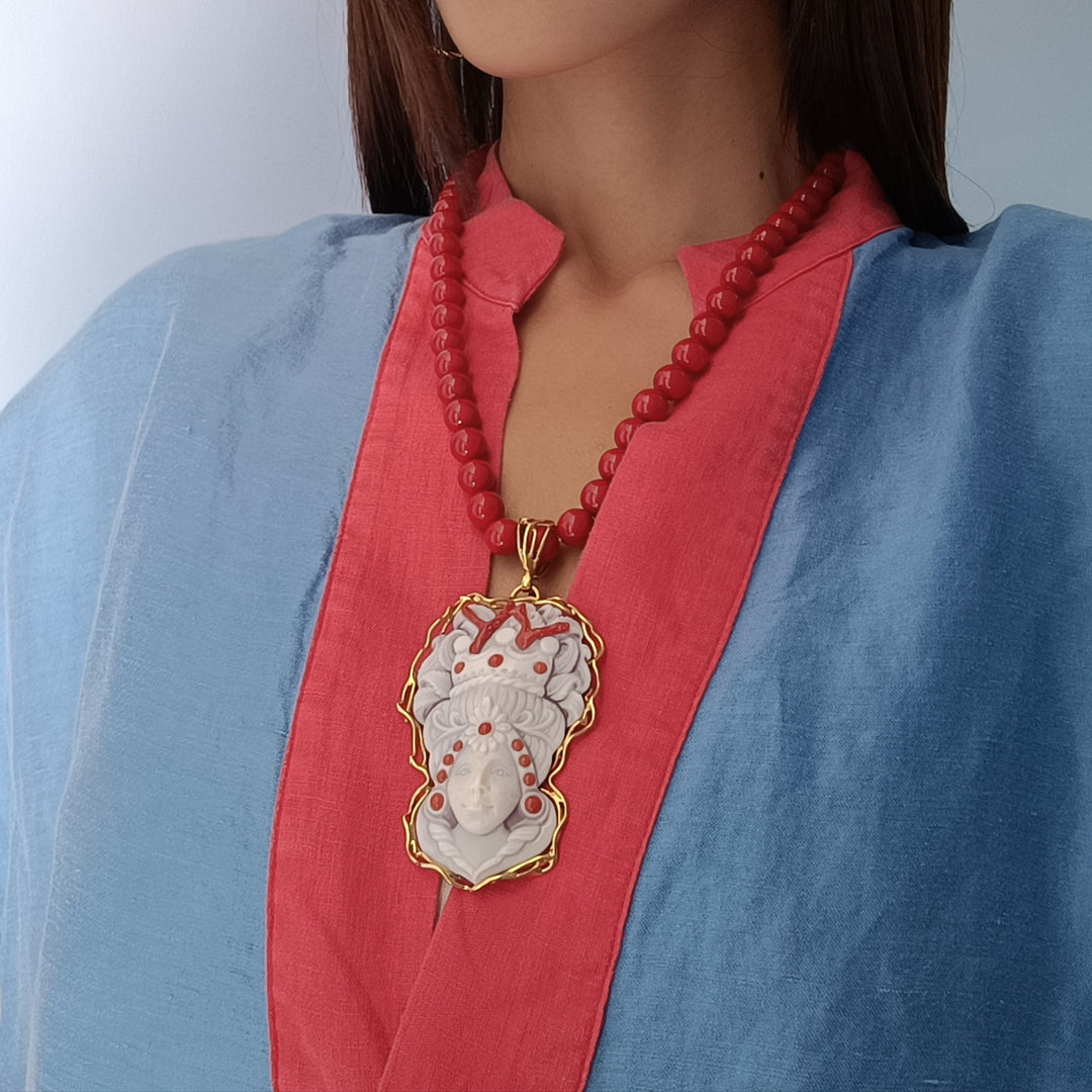 Sicily Collection - Sicilian Moor Queen Pendant in Cameo Mounted on Silver with Necklace