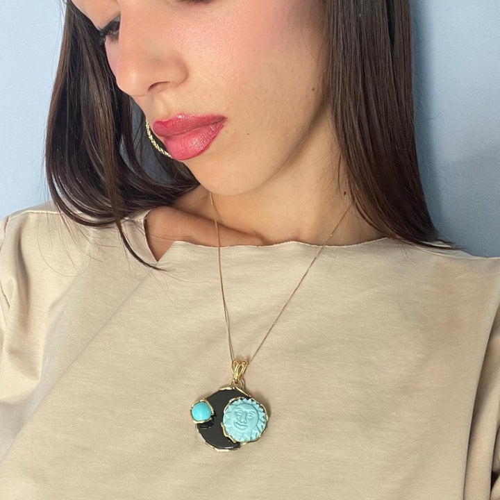 END OF COLLECTION - Sun moon pendant in agate and turquoise paste