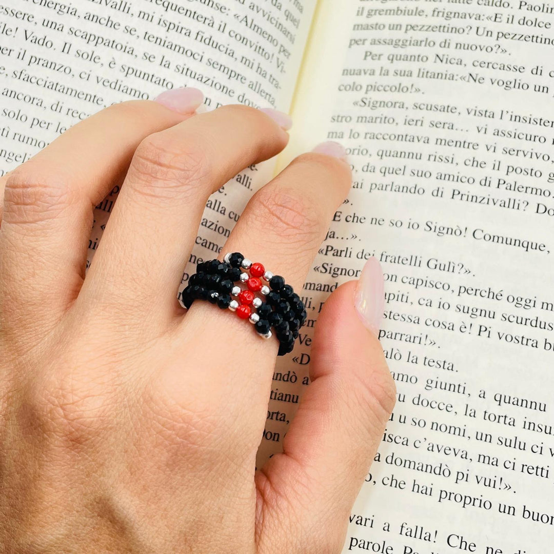 Three-strand coral and agate ring