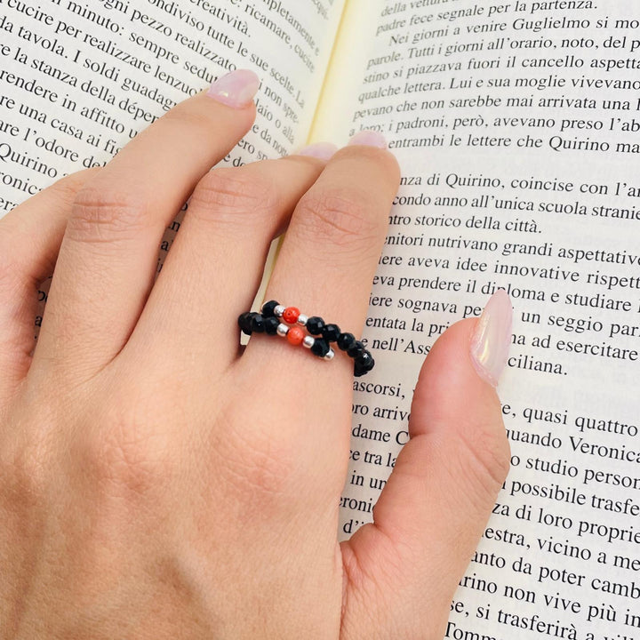 One-strand coral and agate ring