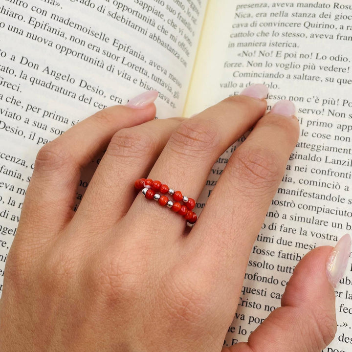 One-strand coral and silver ring