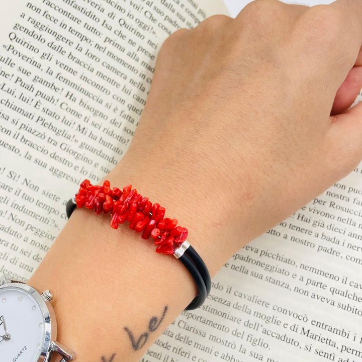 Two-strand coral and rubber bracelet