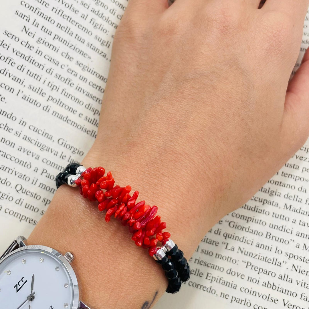 Two-strand coral and agate bracelet