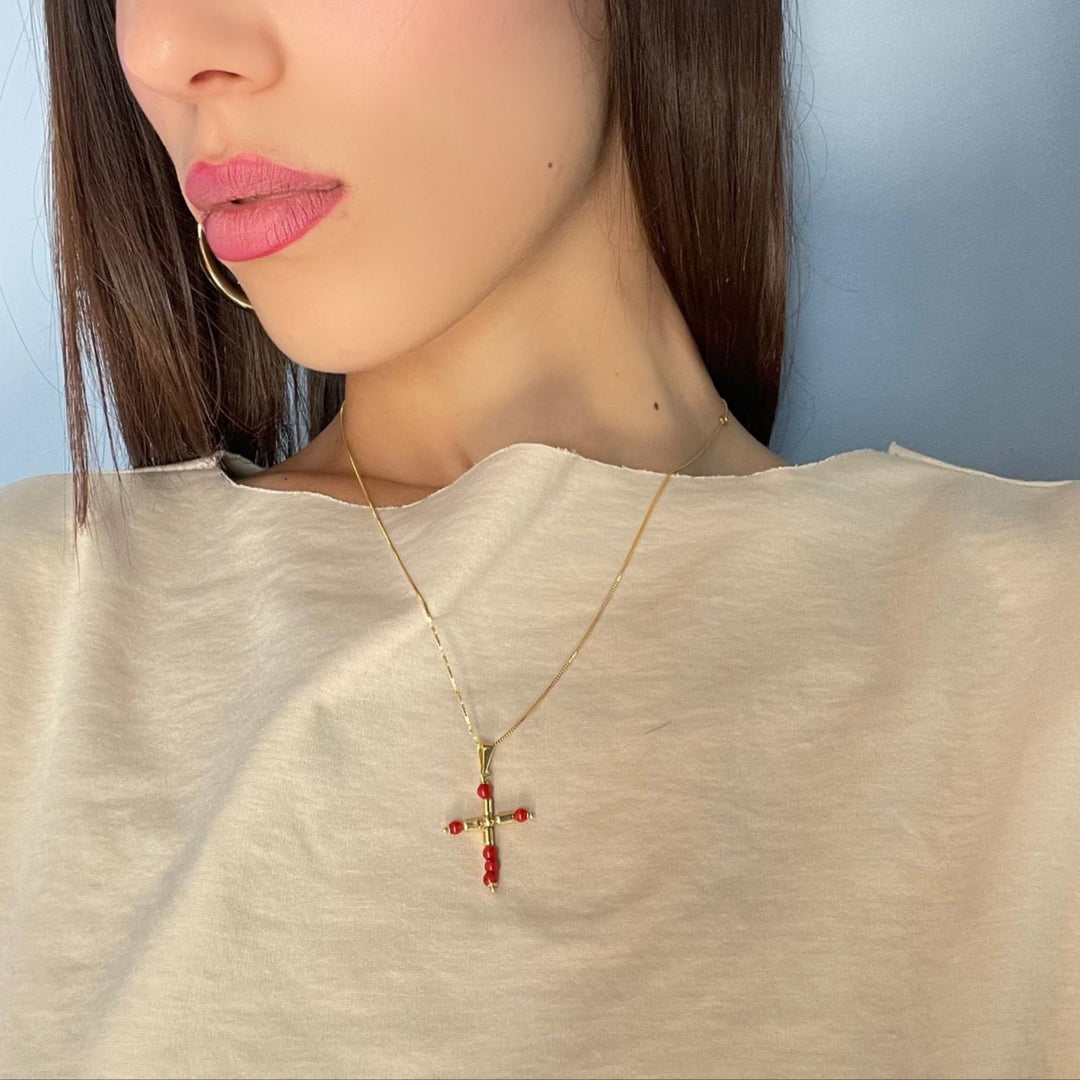 END OF COLLECTION - Coral cross pendant necklace mounted on silver