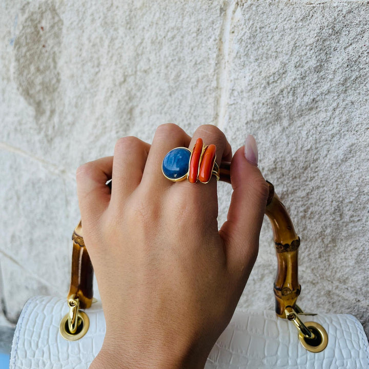 Decomposed ring in coral and kyanite mounted on silver