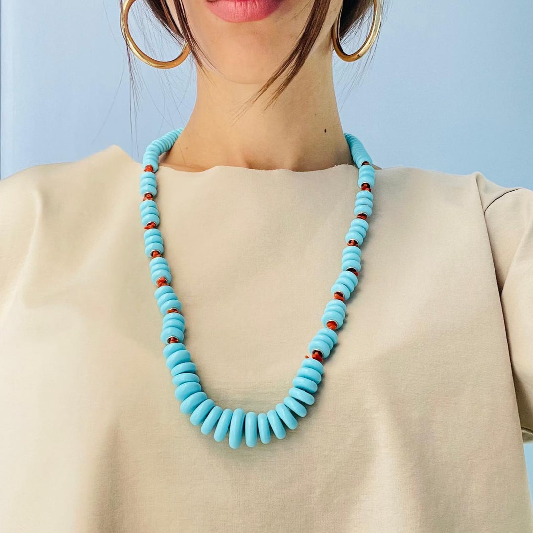 Coral and turquoise paste rondelle necklace