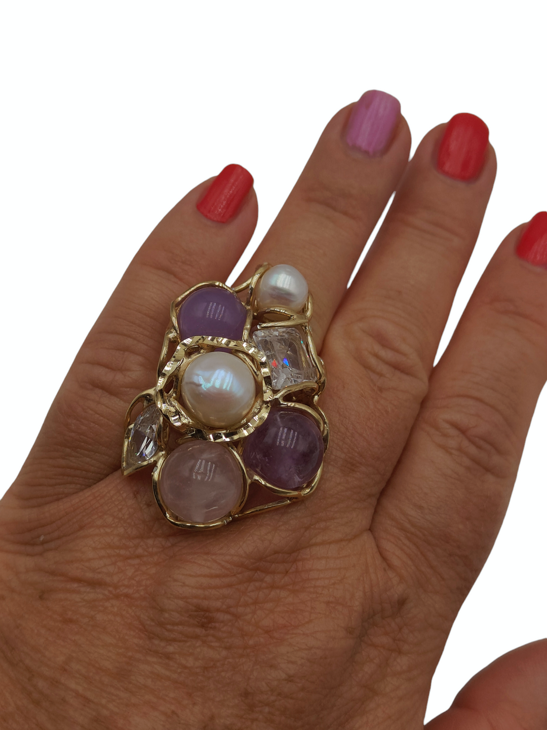 Pearl, coral, pink agate and rock crystal ring on silver