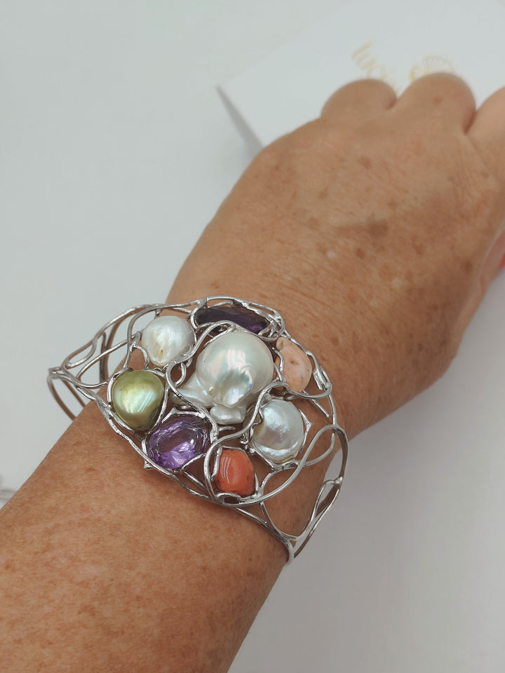 Bracciale perle e pietre montato su argento Lucia Vitiello Gioielli di Napoli