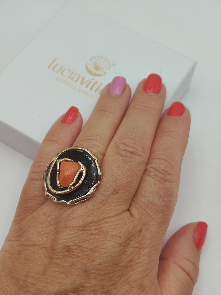 END OF COLLECTION - coral and agate ring mounted on silver