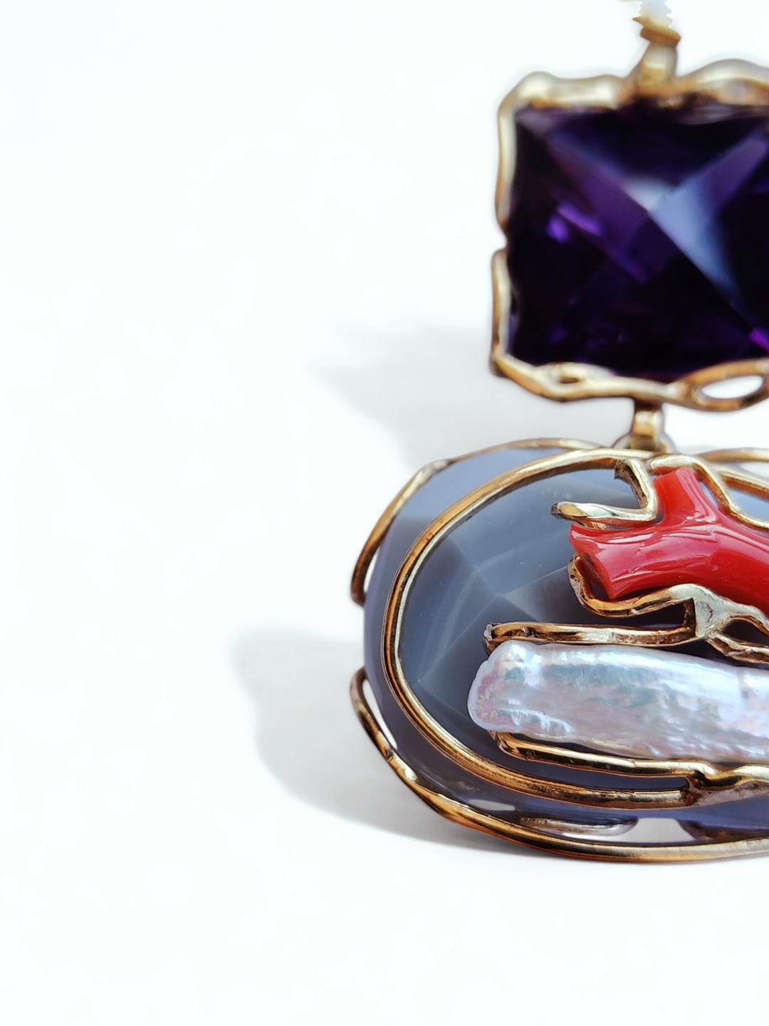 Collana ciondolone agate, corallo perle e pietre montato su argento