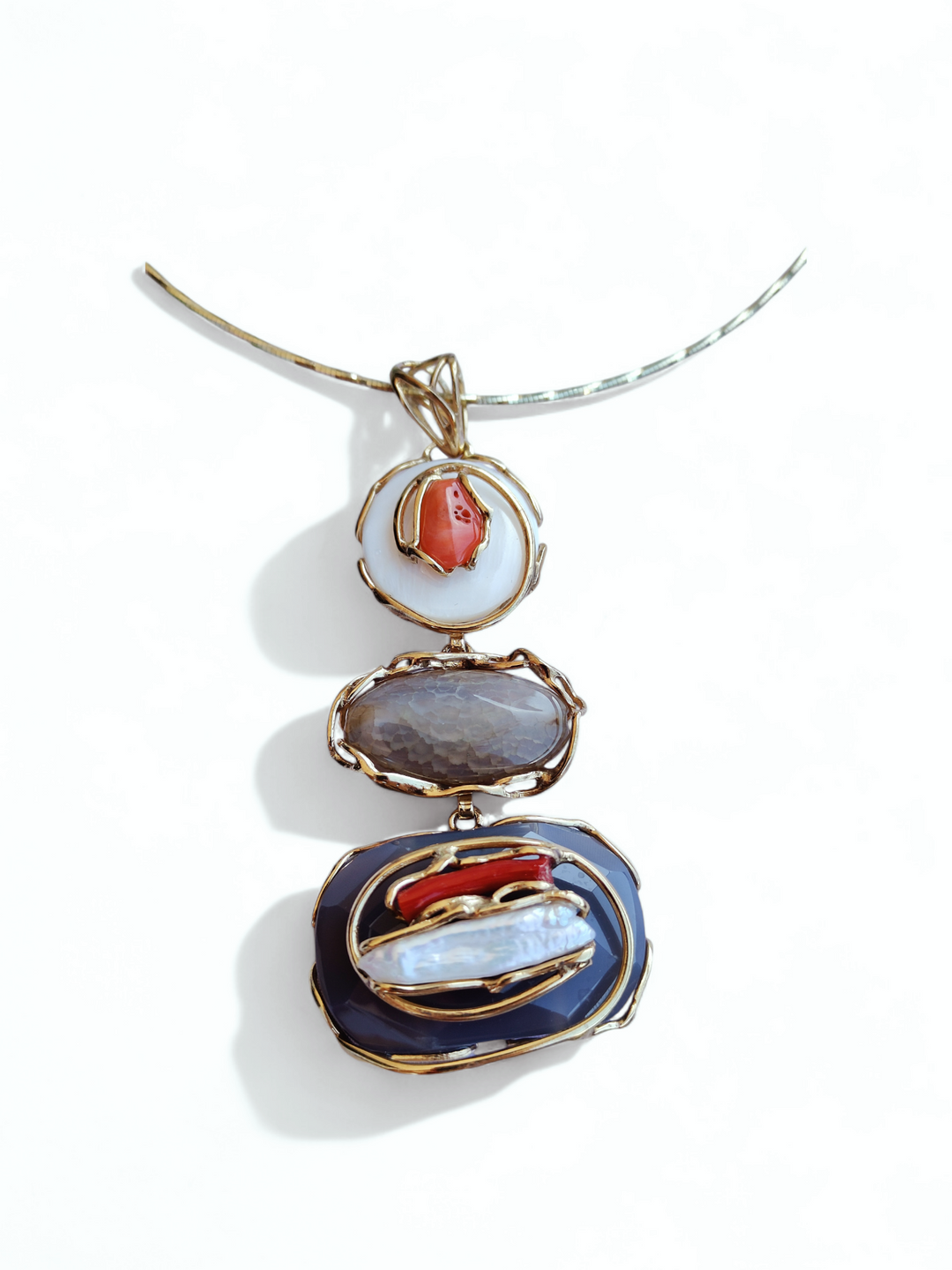 Collana ciondolone agate, corallo perle e pietre montato su argento