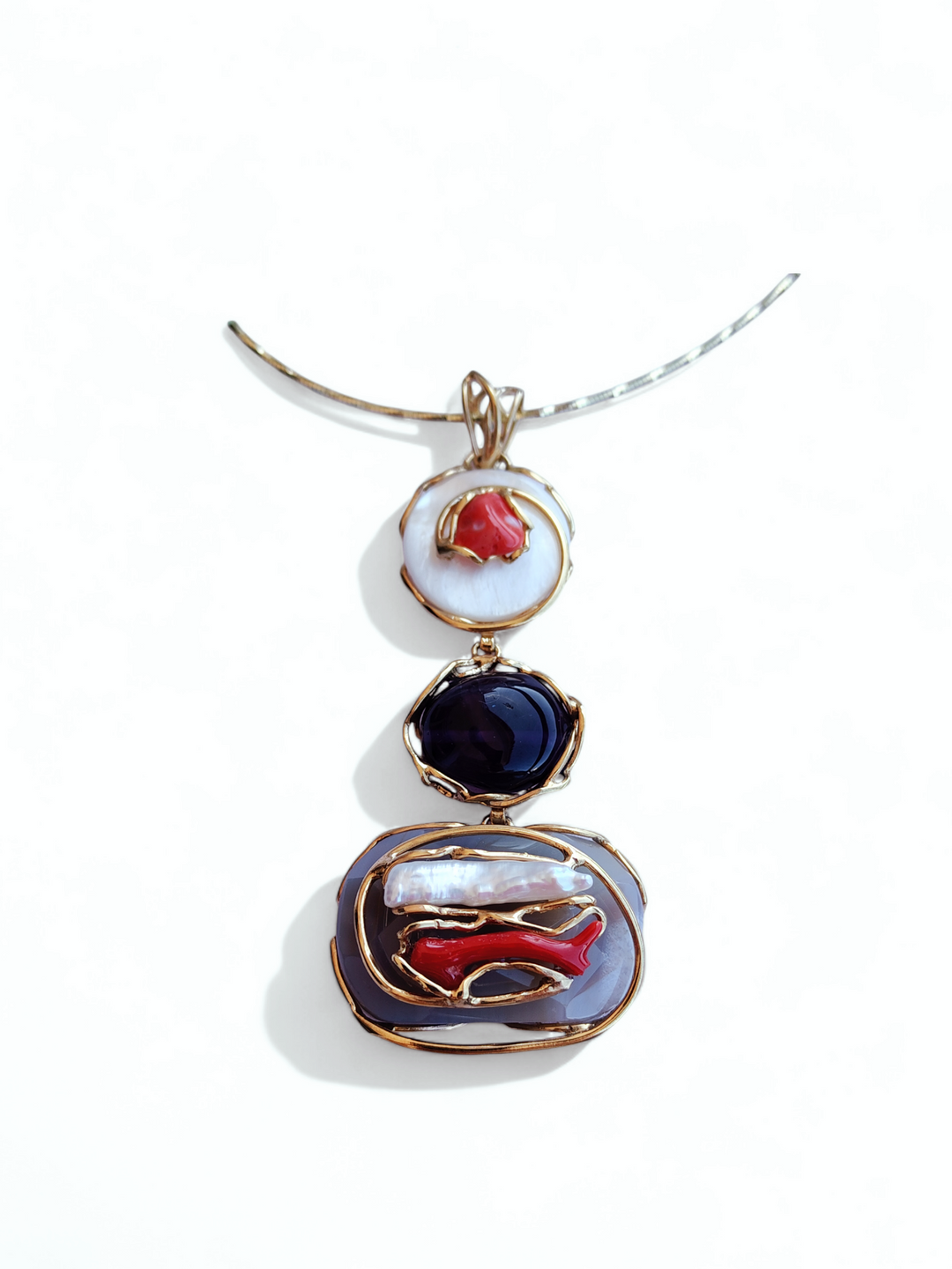 Collana ciondolone agate, corallo perle e pietre montato su argento
