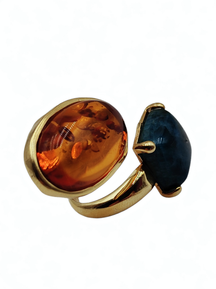 Amber and apatite ring mounted on silver