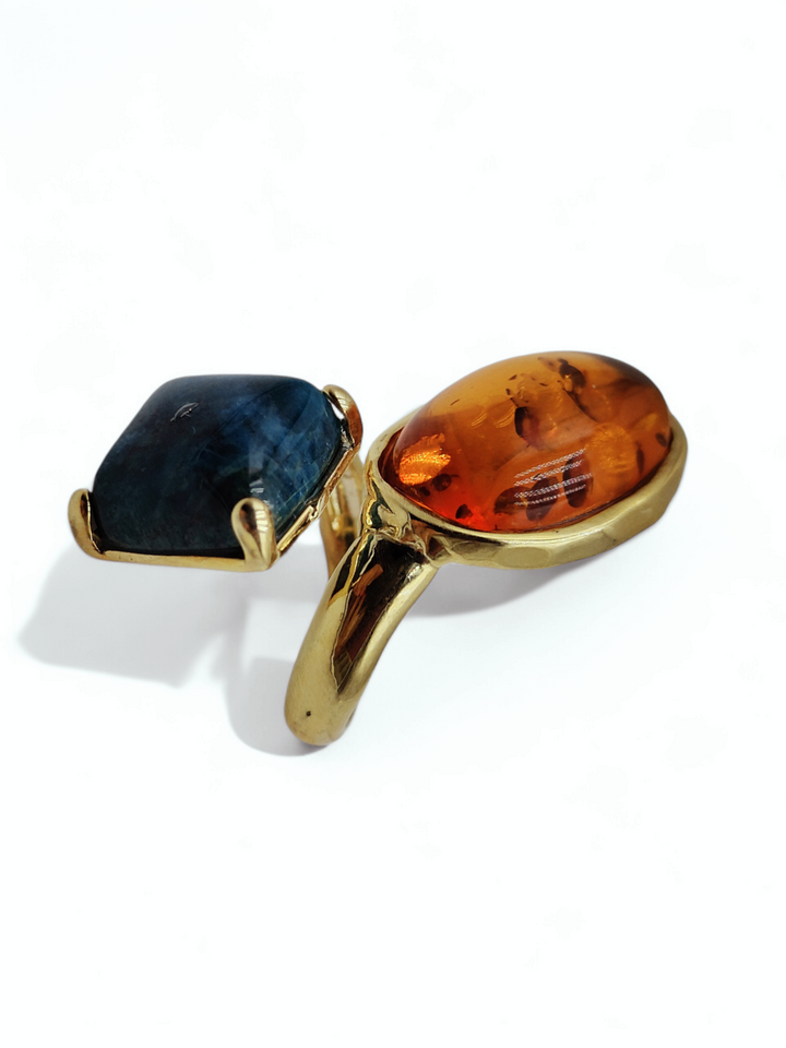 Amber and apatite ring mounted on silver