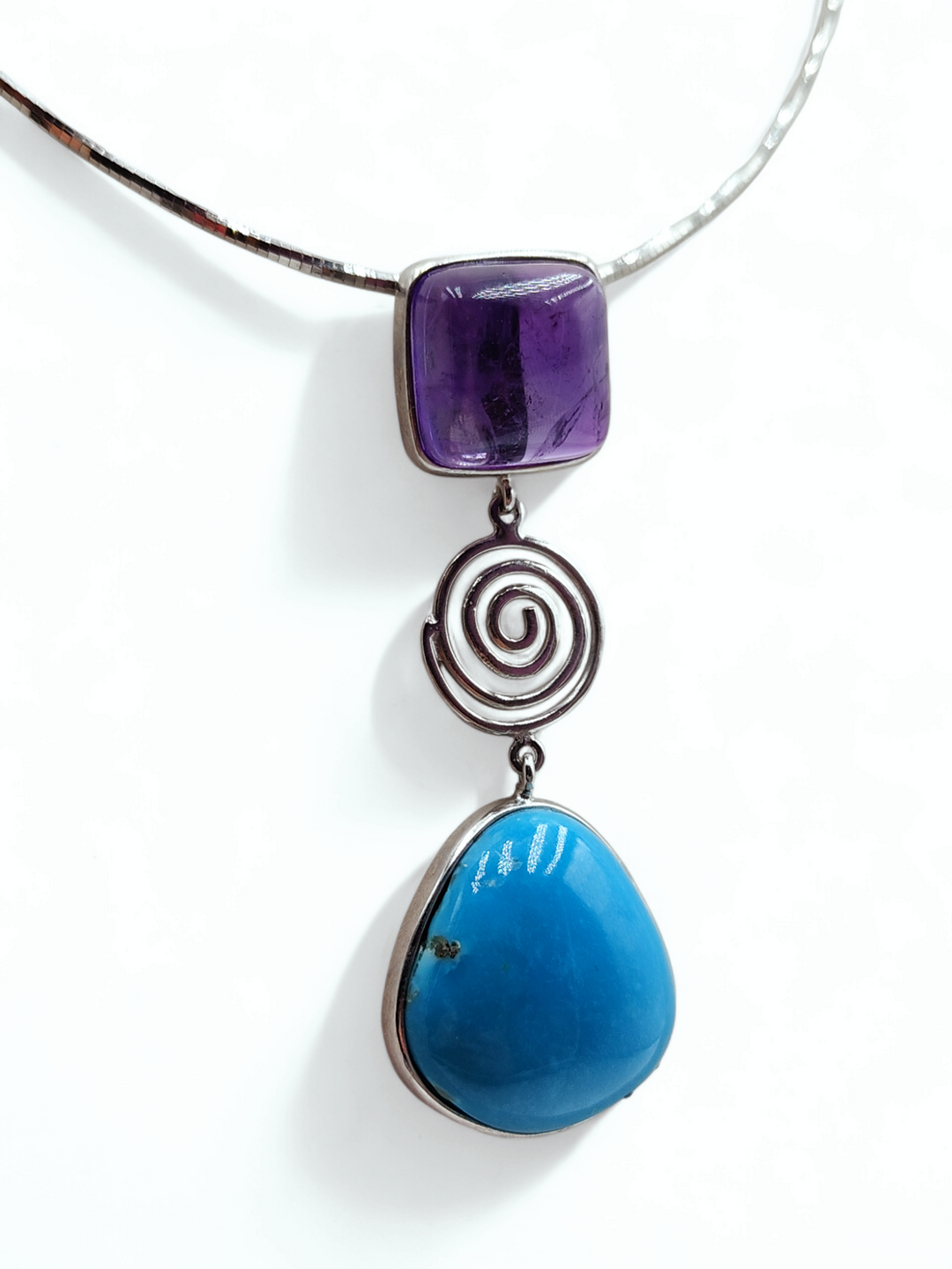 Amethyst Turquoise Pendant Necklace Mounted on Silver