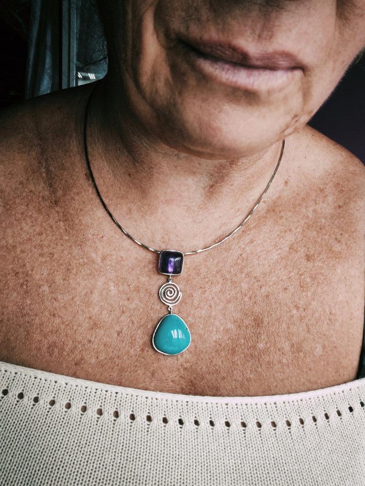 Amethyst Turquoise Pendant Necklace Mounted on Silver