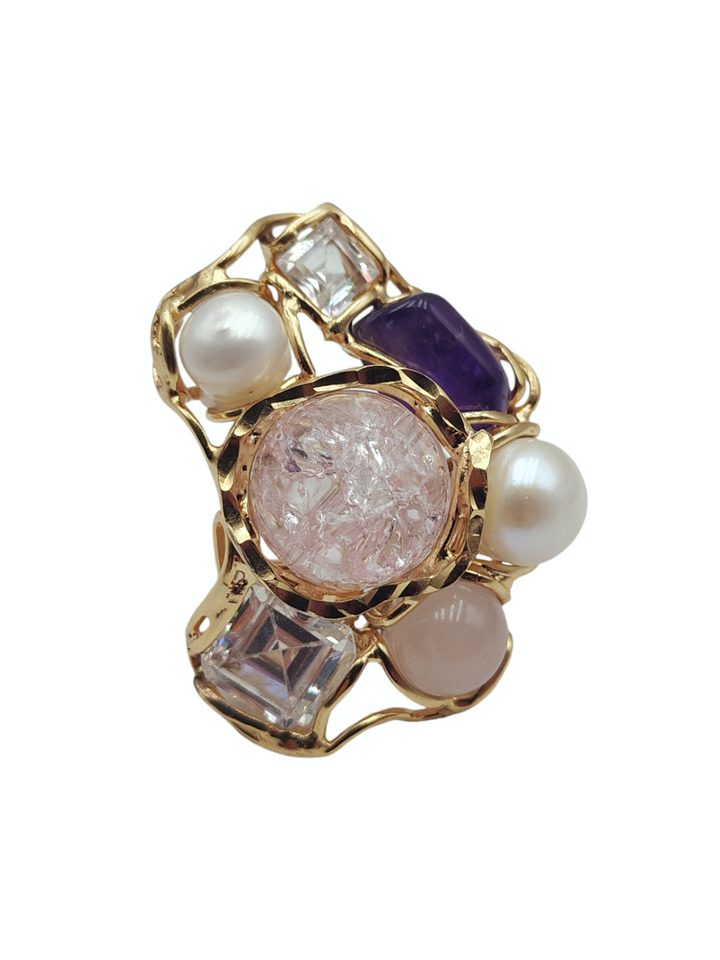 Pearl, coral, pink agate and rock crystal ring on silver