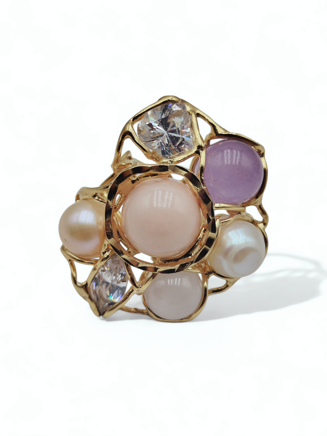 Pearl, coral, pink agate and rock crystal ring on silver