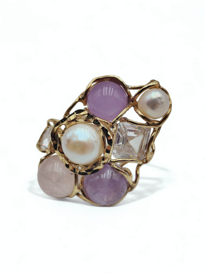 Pearl, coral, pink agate and rock crystal ring on silver